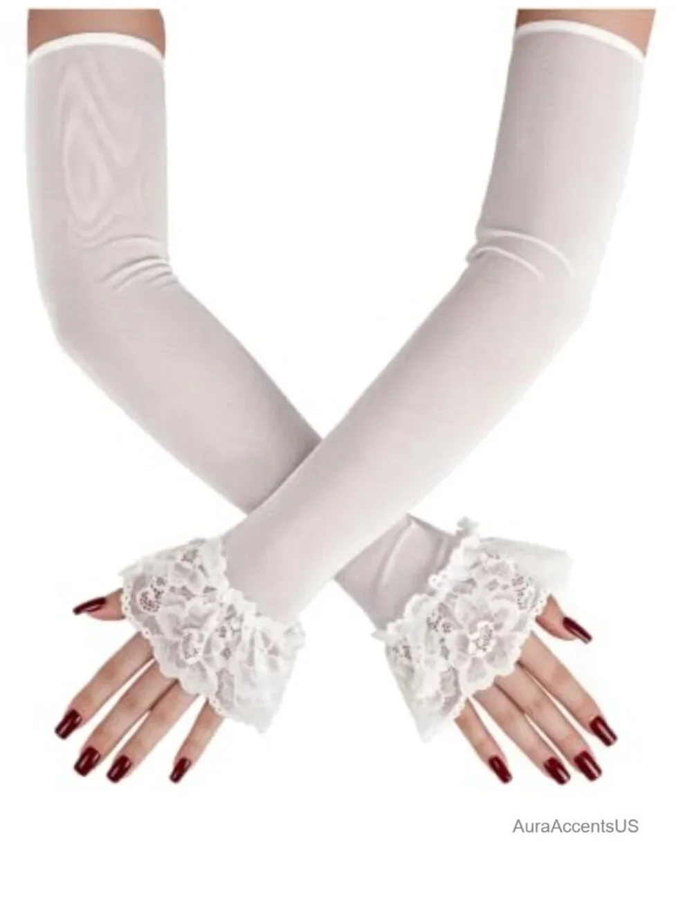 Sheer Mesh Floral Lace Fingerless Long Gloves Ruffle Cuffs